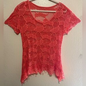 Directions Loose Knit Coral Lace Short Sleeve Top | Shirt
